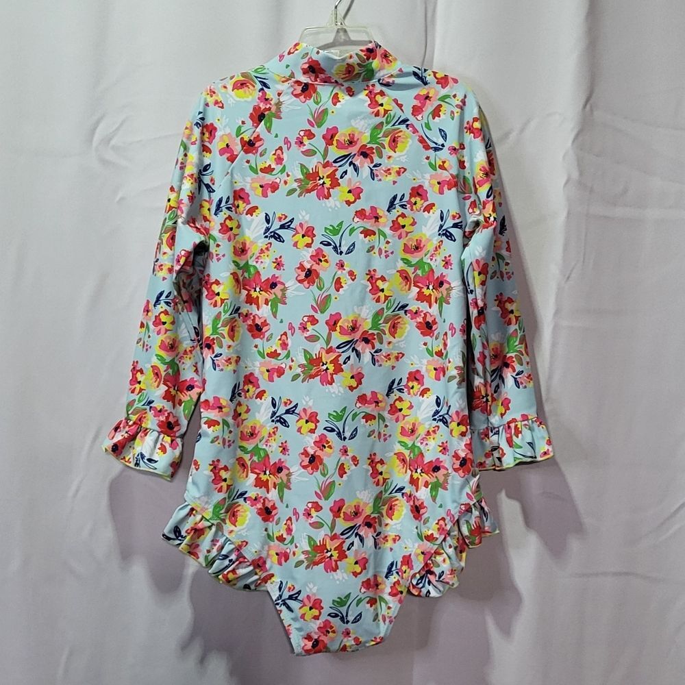 Girls Blue Floral One Piece Long Sleeve Ruffle Swimsuit Size 3XL - Picture 6 of 7